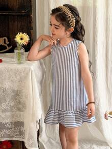 LMoss Kids 年轻女孩度假休闲时尚条纹无袖连衣裙 - 藍色 - 查看 5