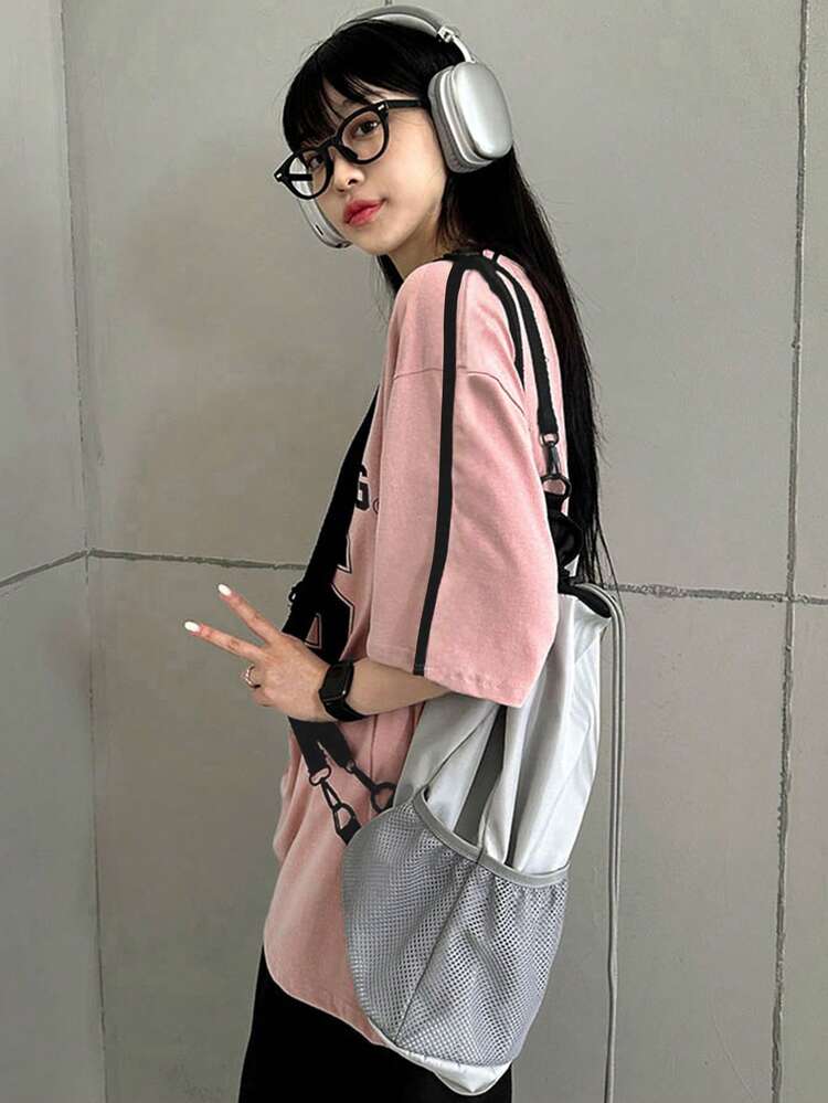 Women's Colorblock Short Sleeve Loose Letter Print T-Shirt, Spring/Summer