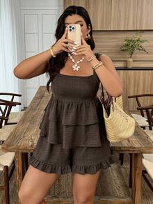 Weeklong Plus Size Women Casual Sleeveless Ruffle Trim Top And Pants Two Pieces Suit, Suitable For Vacation And Daily Wear, Spring/Summer - Coffee Brown - View 5