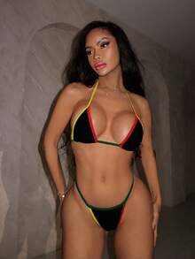 Swim SXY 女士黑色拼接性感超迷你比基尼系带泳衣套装