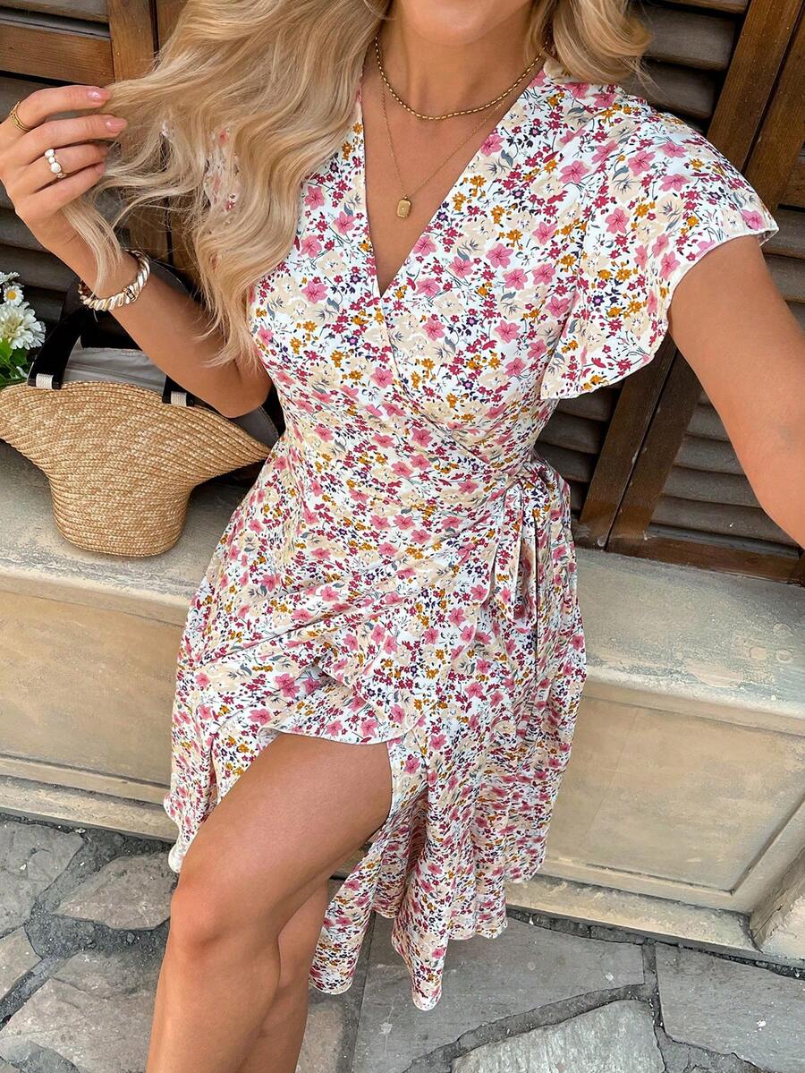 Pariaura Đầm midi kiểu quấn in hoa dành cho nữ, trang phục maxi cho nữ. - Hồng - Xem 1