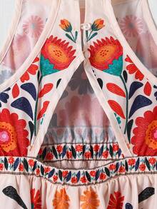 SHEIN 年轻女孩热带花卉印花无袖露背不规则下摆连衣裙，休闲海滩度假时尚 - 橘色 - 查看 7