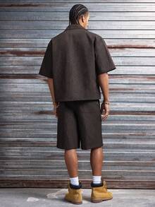 AXEPEAK Herren Sommer Lässig Jacquard Vorderseite Knopf Kurzarm Hemd und Shorts Set - Verschiedenfarbig - Übersicht 4