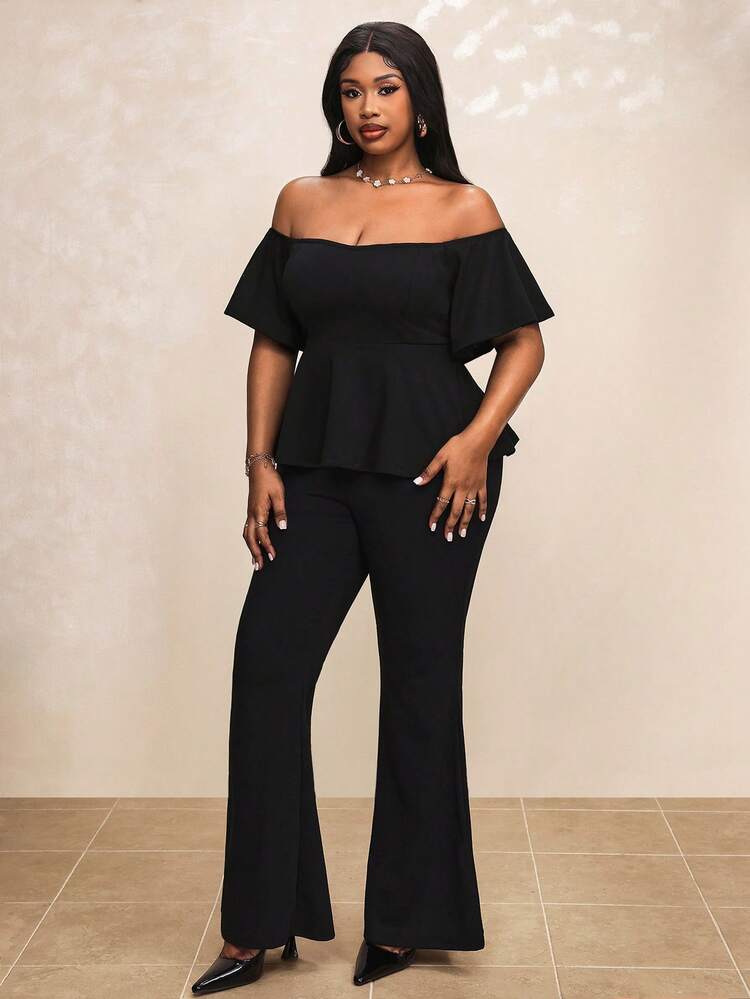 Truni Plus Off Shoulder Peplum Top & Flare Leg Pants, For Pear