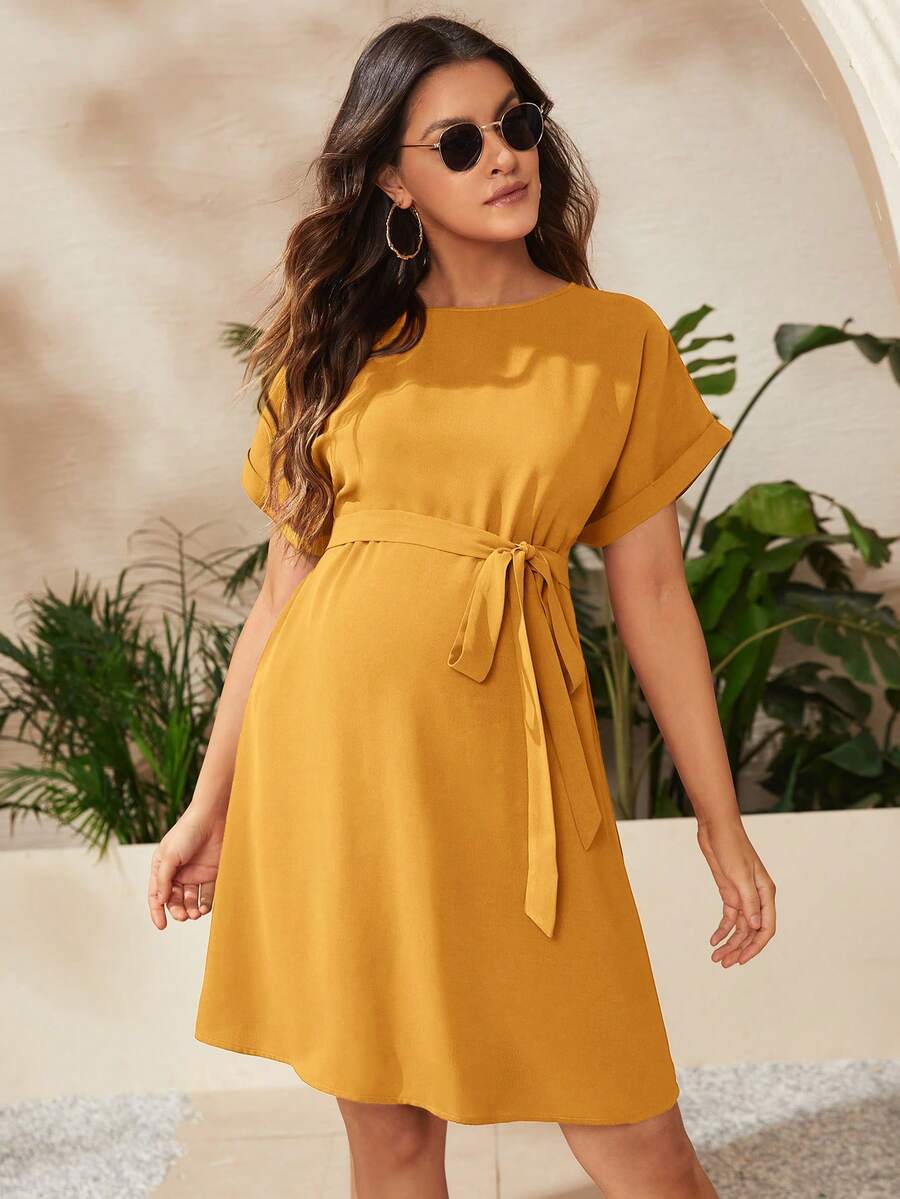 SHEIN Đầm bầu dáng suông cổ tròn tay cánh dơi màu trơn, thích hợp cho mùa hè. - Màu vàng - Xem 1