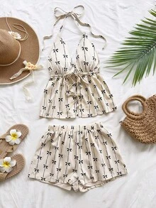 Soleia Bộ đồ thời trang nghỉ dưỡng dành cho nữ, cổ chữ V, buộc dây cổ, họa tiết da báo cổ điển, gồm áo hai dây gợi cảm và quần short siêu ngắn, thích hợp cho hẹn hò, tiệc tùng, dạo phố và kỳ nghỉ. - Nhiều màu - Xem 3