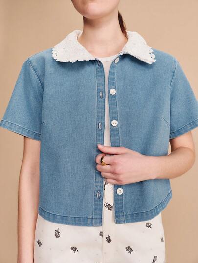 lacRébo Blue Denim Short Sleeve Shirt With Crochet Collar Detail Boho Spring Summer Vintage Style French Style Spring Summer