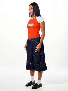 SUMWON WOMEN Women's Contrast Raglan Sleeve Tee With Front Graphic Print Short Sleeve Fitted Crop Top Orange White Colorblock Summer Casual Shirt - Red - View 7