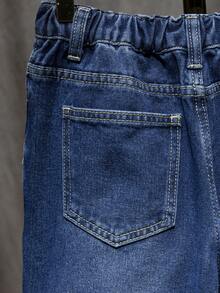 Tween-Jungen Jeans im Used-Look, mittelblau, lässiger Preppy-Style, Sommerurlaubs-Vibe, gerade, locker sitzend, bequemer Denim, geeignet für Schule, Outdoor-Aktivitäten - Blau - Übersicht 9