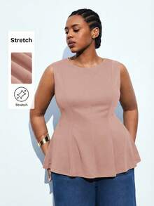 Maija 大码女式夏季休闲日常通勤纯色腰部无袖上衣，百搭都市通勤商务休闲女式夏季荷叶边上衣，春夏情人节狂欢节时尚女式服装派对海滩婚礼度假休闲荷叶边上衣 - 粉色 - 查看 2