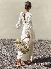 Livesso 女士高领收腰条纹中长连衣裙 - 米色 - 查看 1