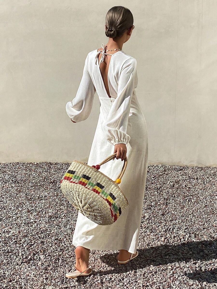 Livesso 女士高领收腰条纹中长连衣裙 - 米色 - 查看 1