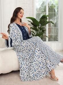 Al Najma Vestido de estilo árabe con cintura de cordón, unicolor con parches de hojas y flores, tono azul - Multicolor - Ver 8