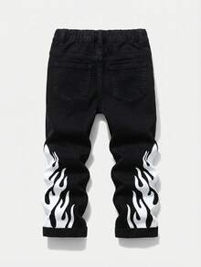 SHEIN 年轻男孩时尚 Y2K 水洗火焰图案高弹修身蓝色牛仔喇叭裤，适合春夏和街头服饰 - 黑色 - 查看 2