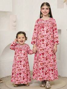 Pink And Red Muslim Girl Skirt,Autumn Boho Wedding Tween Girls Cute Stars & Moon Red Rose Contrast Print Dress - Multicolor - View 3