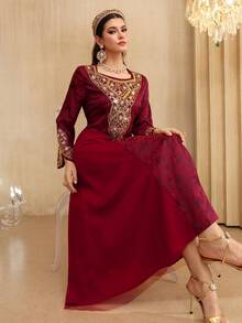 Layrah Spring/Summer Square Neck Elegant Beaded Floral Lace Flare Sleeve Waist Slimming Flowy Dress For Evening Party - Burgundy - View 6