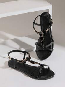 SHUZIA Women's Minimalist Comfortable, Durable, Stone Chain Strap Flat Sandals - Black - View 7