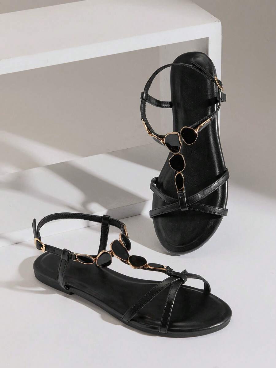 SHUZIA Women's Minimalist Comfortable, Durable, Stone Chain Strap Flat Sandals - Black - View 1