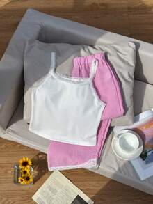 2-Piece Teen Girls Casual Summer Lace-Trim Camisole And Striped Bow Wide-Leg Pants Non-Fleece Lightweight Commuting Outdoor Daily Multi-Scene Set