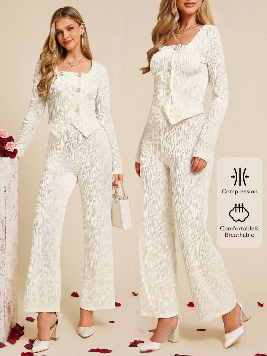 Amorya 女士优雅新款针织提花收腰上衣和裤子两件套 情人节套装 女士优雅裤装套装 女士两件套服装 女士裤装两件套 奶油色两件套 春假服装 奶油色上衣 奶油色套装 女士白色开衫 开衫嘉年华服装 女士适合春夏嘉年华的白色套装 女士两件套休闲套装 女士裤装夏季套装 婚礼裤装 - 杏色 - 查看 1