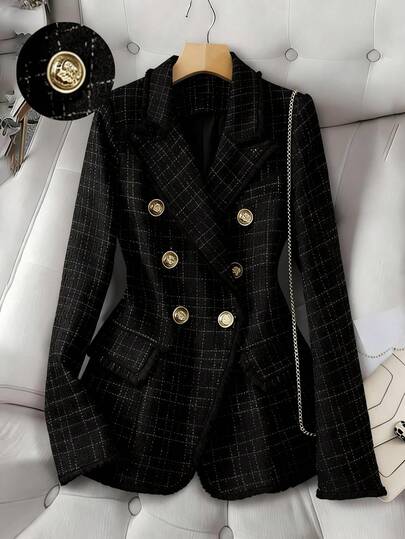 GlowEve CURVE Plus Size Plaid Lapel Double-Breasted Blazer Jacket, Suitable For Commuting, Autumn