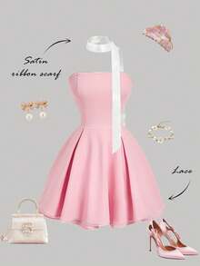 SHEIN MOD Women's Elegant Pleated Waist Mini Dress, Spring/Summer, Valentine's Day Dress, Beach Dress, Vacation Dress, Birthday Dress For Women, Bridesmaid Dress, Weddings & Events, Elegant Dresses For Party, Pink Dresses, Strapless Mini Skirt, Tea Party Dress, Romantic, Girlish Pink Tea Party Dress Feminine Dress Classy Summer Dress Cute Pink Dress - Pink - View 2