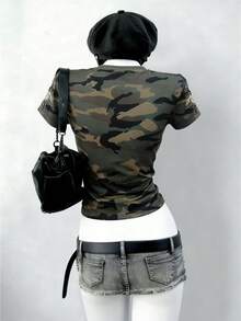 Lalippa Women's Letter Camouflage Print Round Neck Short Sleeve Cropped T-Shirt - Multicolor - View 2