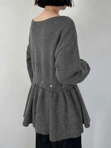 FRIFUL Women's Round Neck Loose Hem Detachable Ruffle Trim Oversized Sweater, Winter - Grey - View 3