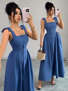 Elenzga Đầm dài nữ trẻ trung, thanh lịch, đa năng, kiểu dáng ôm sát, phối hai tông màu, có dây đeo, chất liệu dệt họa tiết, phù hợp cho công sở. - Màu xanh lam - Xem 3