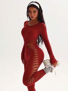 Slayform 纯色露背镂空紧身长袖连体裤