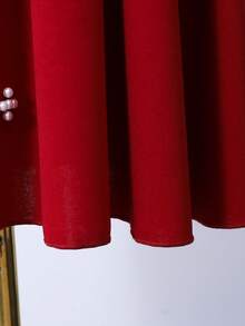 少女奢华仿珍珠串珠泡泡袖缎面派对连衣裙，适合各种活动、生日、迷你裙场合 - 紅色 - 查看 4