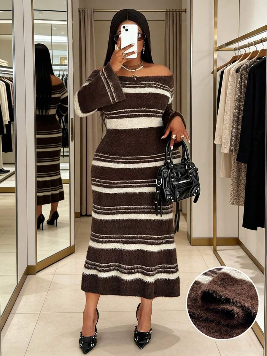 Maweii Women's Elegant White Autumn Off-Shoulder Striped Sweater Dress, Sequin Long Knit Plus Size Outfit, Luxury Brown/Coffee Long-Sleeve Dress - Multicolor - View 1