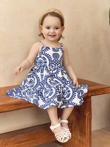 SHEIN Baby Girl Ditsy Floral Woven Spaghetti Strap Dress - Apricot - View 7