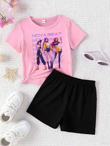 Young Girl Casual Cartoon Pattern Round Neck Short Sleeve T-Shirt And Shorts Set, Summer - Multicolor - View 3