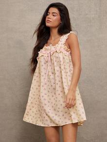 WESTFADE Beige Summer Fairycore Picnic Ruffle Square Neck Bow Front Floral Print Babydoll Mini Dress,Sleeveless Keyhole Back Cut Out Boho Casual Beach Vacation - Multicolor - View 4