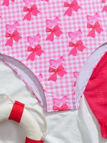 SHEIN 2件套女童可爱蝴蝶结荷叶边弹力速干舒适针织面料连体泳衣（小号），适合海滩、泳池、海边、冲浪、度假、夏季、旅行 - 粉色 - 查看 5