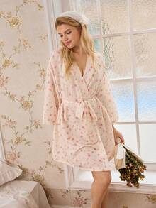 SHEIN Romantic Ditsy Floral Long Sleeve Robe, Spring/Autumn - Apricot - View 1