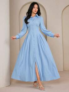 Graceveil Women's Fashionable, Modest, Elegant Solid Color Extra Long Shirt Dress - Blue - View 6