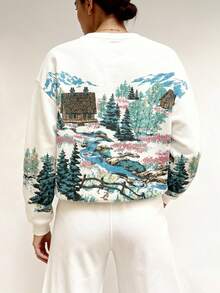 女士休闲印花圆领落肩卫衣，秋季 - 彩色 - 查看 2