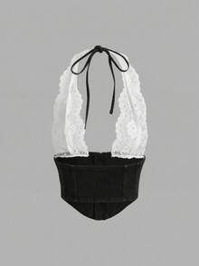 SHEIN ICON 女士Y2k时尚性感蕾丝拼接露背吊带牛仔上衣 - 黑色 - 查看 8