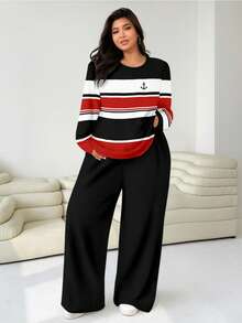 SHEIN EZwear Set da 2 pezzi per taglie comode: maglietta ampia a collo tondo e pantaloni a gamba dritta - Multicolore - Visualizzare 3