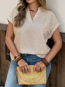 SHEIN LUNE CURVE 大码女式梭织休闲夏季度假衬衫 - 卡其色 - 查看 4