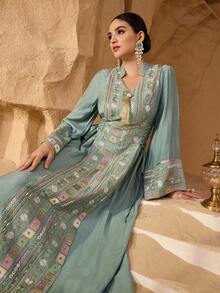 SHEIN Najma 优雅刺绣拼接侧系腰带修身阿拉伯风格连衣裙 - 薄荷綠 - 查看 6