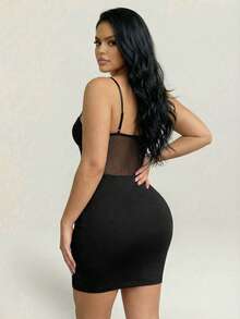 SHEIN SXY Abito a sottoveste aderente in stile sexy con inserti in rete, taglie comode, adatto per l'estate - nero - Visualizzare 4