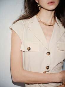 Lumivelle Women's New Short Sleeve Shirt Collar Button Front Belted Dress, Elegant Casual Fashion, Spring/Summer - Apricot - View 7