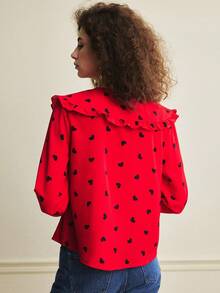 Écloséra New French Retro Spring Break Outfits For Women, Summer Tops, Summer Shirts, Valentine's Day Shirts, Valentine's Day Heart-Shaped Tops, Peter Pan Collar Open Placket Shirts, Red Shirts, Red Tops, Elegant Women's Tops, Elegant Women's Shirts, Casual Women's Shirts, Casual Women's Tops. - Red - View 6