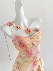 Sweetra 女士扎染面料性感简约浪漫不对称荷叶边下摆短前长后夏季度假连衣裙 - 粉色 - 查看 6