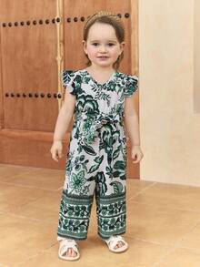 SHEIN Baby Girl Ditsy Floral V-Neck Ruffle Casual Romper - Multicolor - View 4