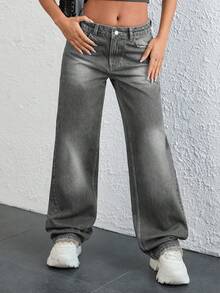 EURMUSE 低腰复古水洗直筒牛仔裤 - 灰色 - 查看 5