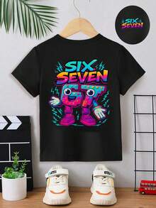 SHEIN Streecool Kids 幼儿男童休闲创意图案T恤，印有数字67、卡通方块和闪电图案，舒适百搭的短袖T恤，适合春、夏、秋季穿着。 - 黑色 - 查看 4